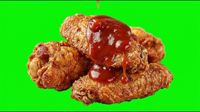 Barbecue sauce pouring over crispy fried chicken wings on green screen