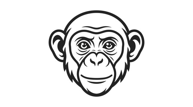 Black and white line art illustration of a chimpanzee head facing forward with a friendly expression, perfect for a logo or mascot design.