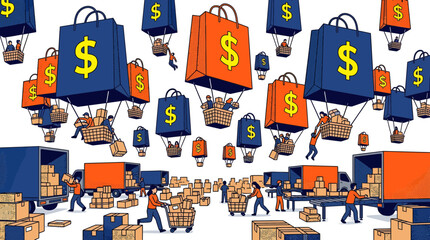 Naklejka premium Vibrant vector illustration with shopping bag balloons displaying dollar signs floating over workers loading delivery trucks, concept for e-commerce growth and shopping surge, ideal for retail