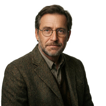 Man glasses tweed isolated portrait of a 47 year old man wearing a tweed jacket on a transparent background for professional projects