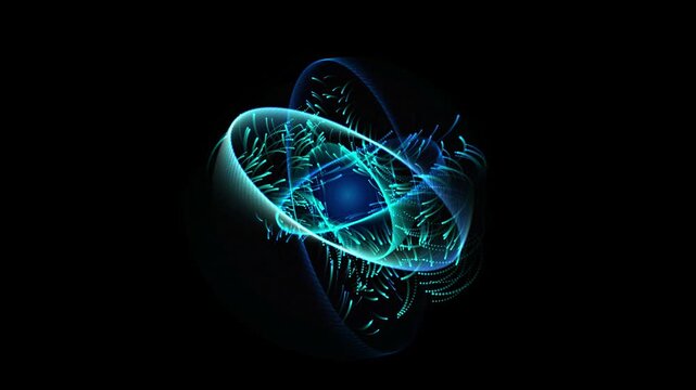 A futuristic 3D gyroscopic concentric energy rings loop glowing in vibrant neon pink. Smoothly rotating digital photons on a dark background. Perfect for sci-fi overlays, HUD UI screens, and cosmic hi