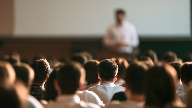 Business seminar audience listen to speaker presentation in large hall