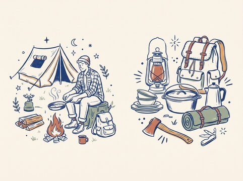 Hand drawn camping adventure set with hiker and outdoor gear.