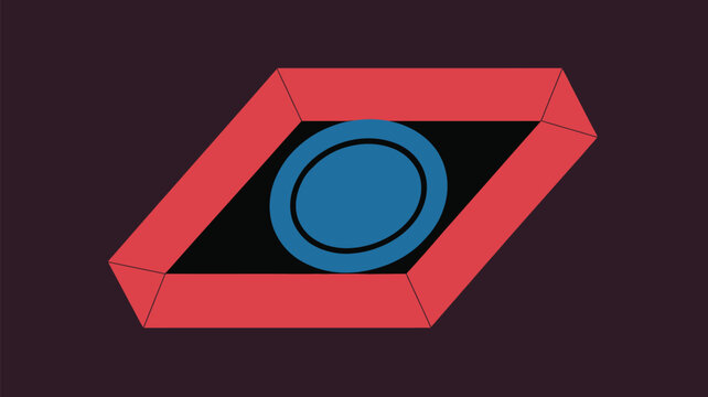 Red parallelogram frame holds a blue circle with inner ring on a dark surface
