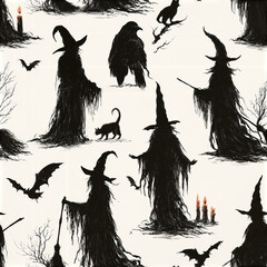 Obraz premium Gothic Halloween pattern with witches, black cats, bats, candles, and ravens creating spooky and mysterious atmosphere
