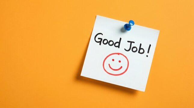 Good job note with a smiley face pinned on orange background