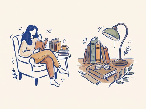Hand drawn illustration of a woman reading a book and a cozy study nook with lamp.