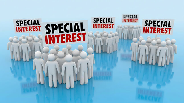 Groups of Human Figures Holding Signs Representing Special Interest Concepts and Lobbying Activity