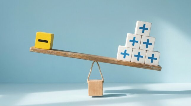 Minus sign on seesaw balancing against stack of plus signs