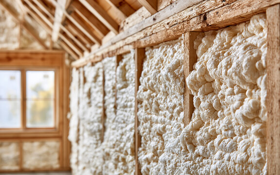 White spray foam insulation applied between wooden wall studs during house construction