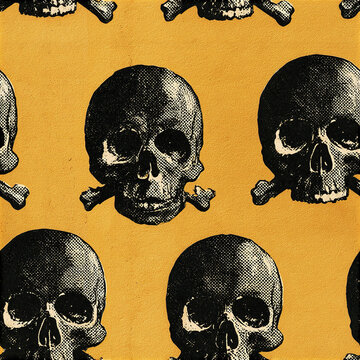 Halloween skull pattern with vintage pop art style on orange background, spooky and bold design for festive decoration