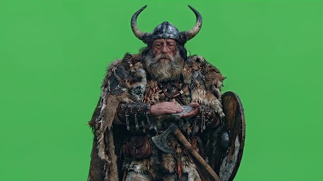 Viking Merchant Holding Silver Coin Overlooking Raiding Fleet.