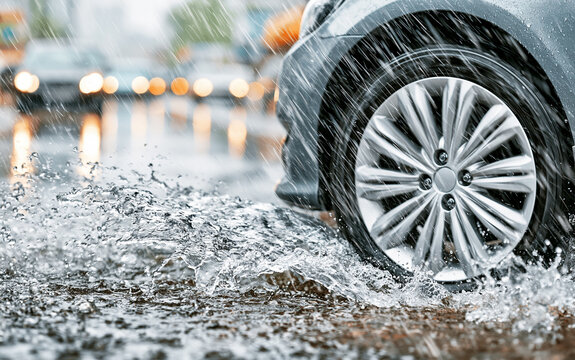 Car wheel splashing water on flooded urban road during heavy rain
