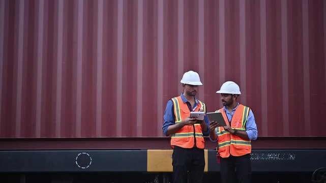 Portrait engineer under inspection and checking construction process railway switch and checking work on railroad station .Engineer wearing safety uniform and safety helmet in work.	