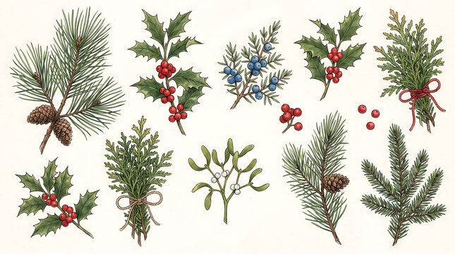 Different Festive Evergreen Sprigs with Berries and Pinecones