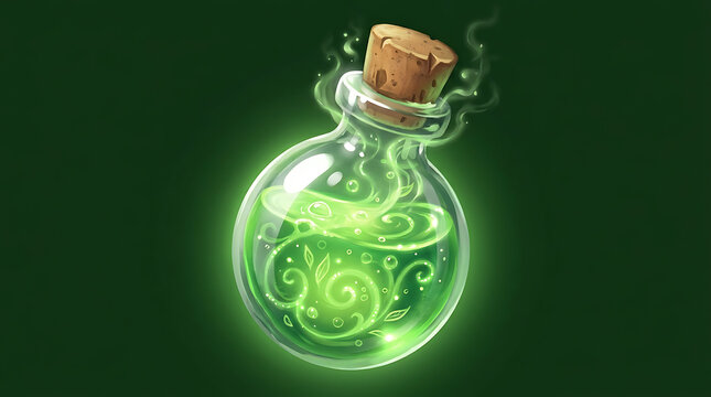 Glowing green magic potion bottle in a glass vial with cork stopper and mystical smoke