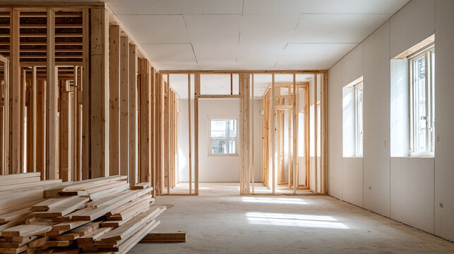 Interior view of house construction with wooden framing and drywall walls