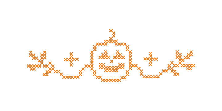 Cross stitch Halloween border, divider and trim layout. Spooky embroidery folk art decoration element. Pumpkin and vine ribbon motif for digital crafting and seasonal autumn holiday designs.