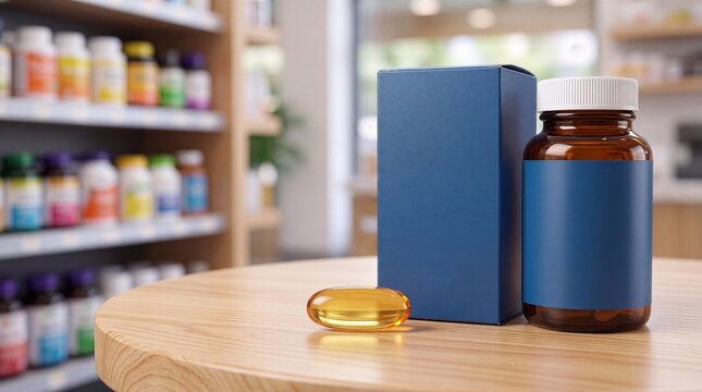 Blank amber glass supplement bottle and blue cardboard box mockup with a single omega fish oil capsule on a wooden table in a pharmacy background