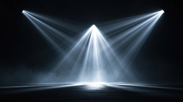 White spotlights beam through haze on dark stage