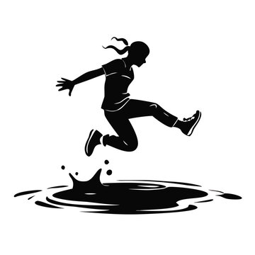 Dynamic Silhouette of Person Leaping Over Puddle, Symbolizing Overcoming Challenges and Forward Progress for Motivational Content, Growth Mindset Blogs, and Resilience Campaigns