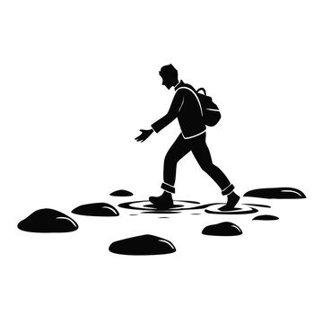 Person with backpack stepping stones path, symbolic journey challenge, overcoming obstacles concept for personal growth, educational content, business strategy