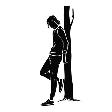 Contemplative person leaning against a tree silhouette, minimalist graphic for mental well-being blogs, self-reflection websites, solitude awareness, and personal growth journey