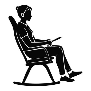 Woman sitting relaxed in a rocking chair, reading a book, for mindfulness blogs, self-care websites, quiet contemplation, and peaceful lifestyle content.