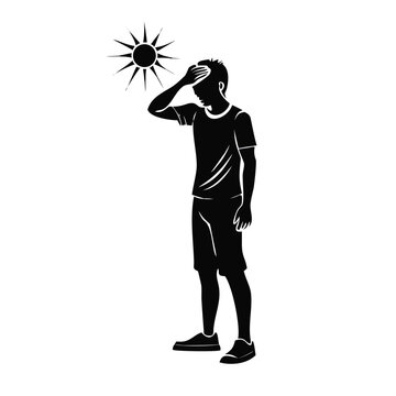 Person shielding eyes from intense sunlight silhouette for heatstroke prevention, UV ray protection awareness, summer health tips, and climate change education.