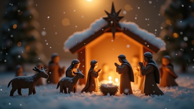 Wooden nativity scene figurines under falling snow, soft warm lantern light, gentle camera pan, cozy Christmas Eve mood, cinematic depth of field.