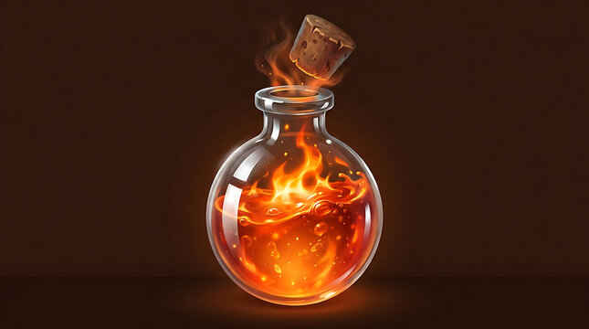 Magic Fire Potion Bottle with Burning Liquid Flame and Flying Cork Illustration