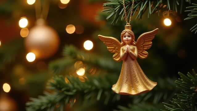 Golden angel figurine ornament spinning slowly on Christmas tree branch, twinkling lights blurred behind, macro cinematic shot.