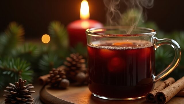 Hot mulled wine steaming beside cinnamon sticks and pine branches, candlelight flicker, cozy warm Christmas still life, slow motion.