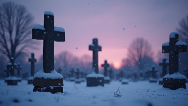 Snow-covered cemetery cross silhouette at dusk, soft purple sky, gentle snowfall, quiet somber cinematic wide shot, slow motion.