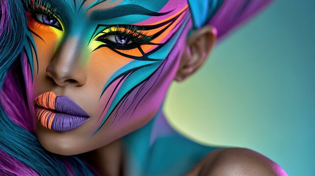 Dramatic beauty portrait of a woman with turquoise and purple face paint bold yellow eye makeup vivid blue hair and sculpted purple lips Theme of fantasy makeup