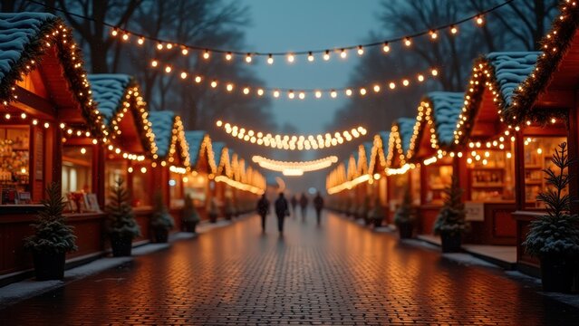 Christmas market string lights glowing over empty cobblestone square, soft snow falling, warm bokeh, gentle drone drift shot.