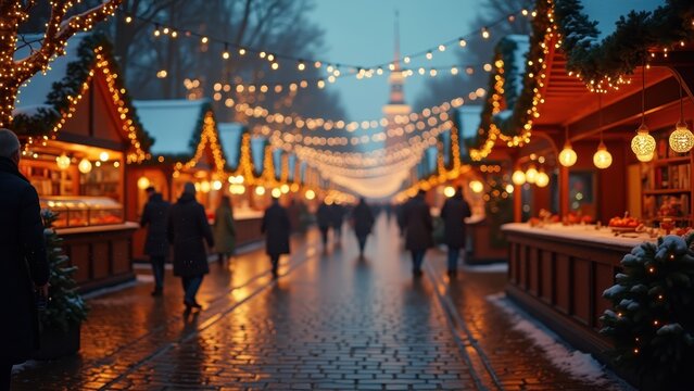 Christmas market string lights glowing over empty cobblestone square, soft snow falling, warm bokeh, gentle drone drift shot.