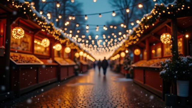 Christmas market string lights glowing over empty cobblestone square, soft snow falling, warm bokeh, gentle drone drift shot.
