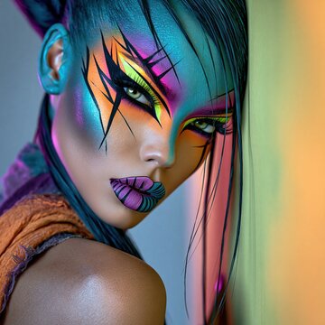 Dramatic close up portrait of a woman with turquoise skin effect purple and orange face paint graphic eyeliner colorful hair and striped lips against a vivid gradient background Expression of artist