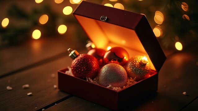 Ornament box opening to reveal glowing glass baubles, soft warm light reflecting, slow macro reveal, nostalgic Christmas mood.