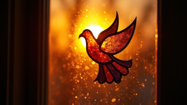 Stained glass dove window glowing at sunset, warm colors shifting slowly, dust motes floating, peaceful cinematic close-up shot.