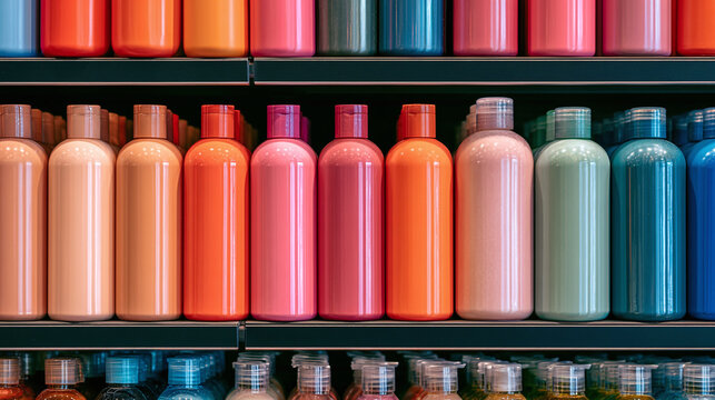Colorful cosmetic bottles lined up on store shelf for beauty product use