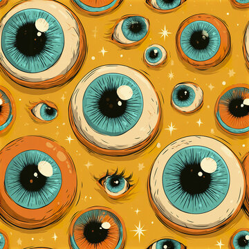 Kawaii alien eye seamless pattern featuring oversized round eyes with blue and orange iris on yellow background