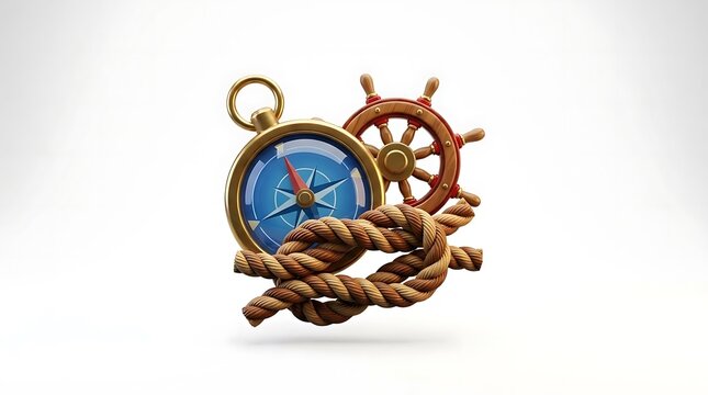 Nautical compass ship steering wheel and rope arrangement.