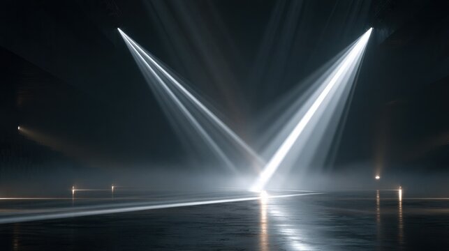 Empty stage with white spotlights in a dark hall
