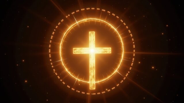 Radiant golden rings orbiting a glowing cross center, dark cosmic background, slow rotation, celestial sacred atmosphere.