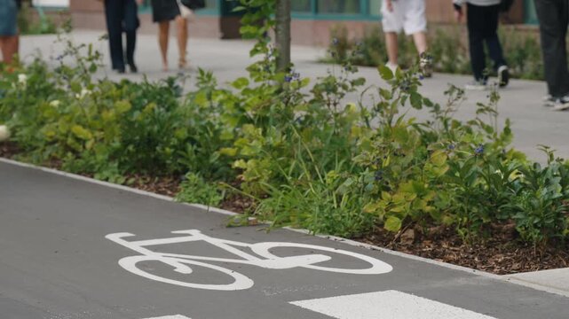 Cyclist riding along designated bike lane in modern city, close-up view of bicycle crossing white bicycle lane markings and road symbols, urban cycling infrastructure and sustainable transportation