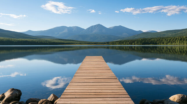 Serene mountain lake landscape with a wooden pier and clear blue sky 7