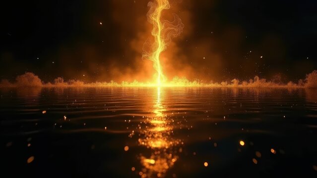 Abstract ink-like golden light spreading through dark water forming a cross shape, slow motion, mesmerizing spiritual visual.