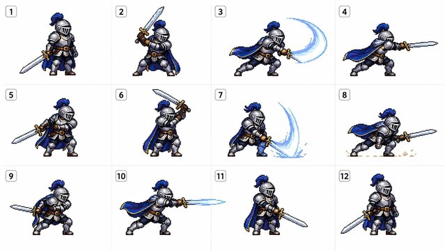 Collection of twelve pixel art illustrations of a blue-caped medieval knight holding or swinging a sword.
